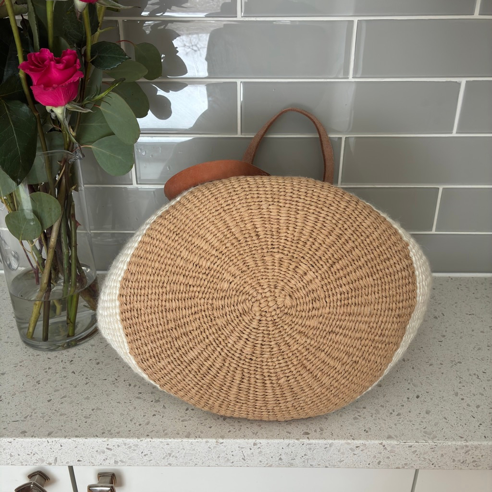 Mifuko Handwoven Basket Tote Leather Handles Fair Trade Market Bag Boho - Picture 5 of 7
